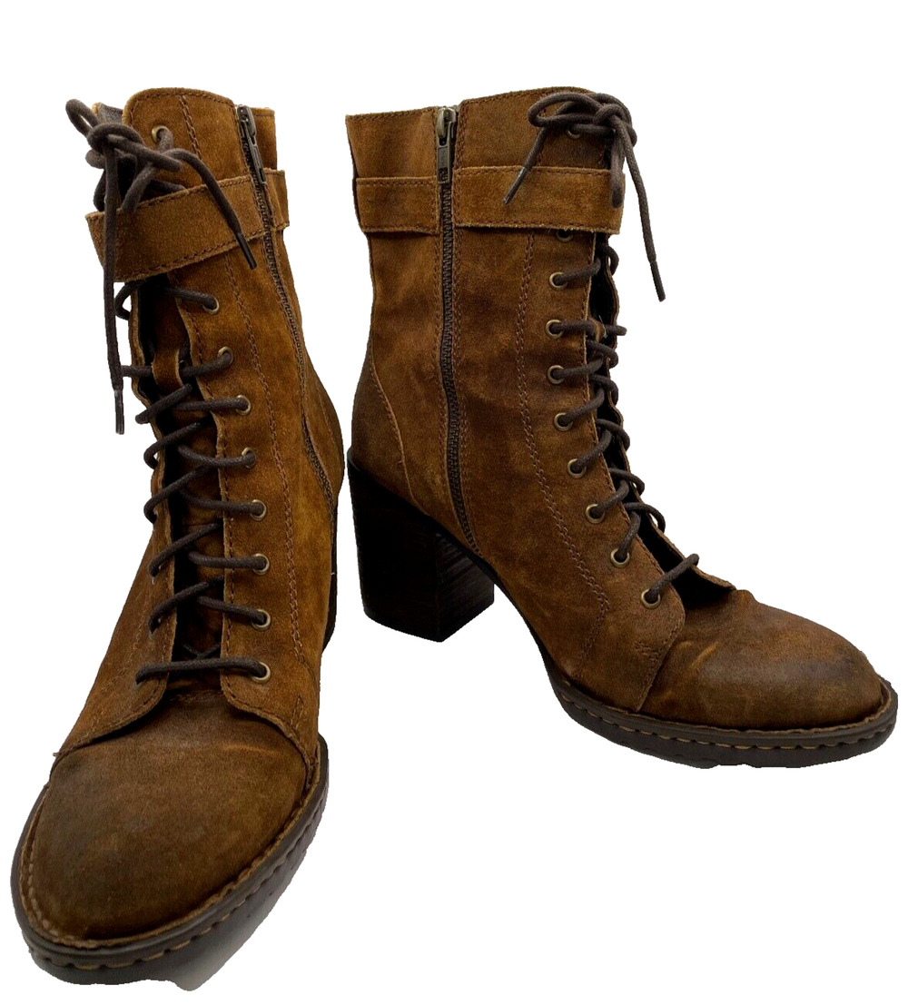 BORN Women's Block Heel-Rust Brown Tobacco Distressed Suede Boots Size 8.5